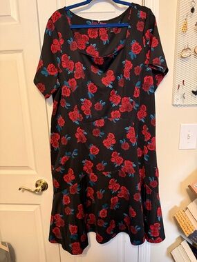 Lane Bryant Black Midi Dress with Red Rose and Blue Leaf Print